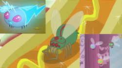 Size: 800x450 | Tagged: safe, edit, edited screencap, screencap, fly-der, parasprite, bloom and gloom, campfire tales, swarm of the century, carrot, cropped, food, mustard, sauce, twittermite