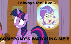 Size: 603x375 | Tagged: safe, edit, edited screencap, screencap, sunny side, twilight sparkle, twilight sparkle (alicorn), alicorn, once upon a zeppelin, image macro, meme, rockwell, somebody's watching me, song reference