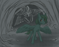 Size: 4812x3812 | Tagged: safe, artist:kovoranu, oc, oc only, oc:cloudy skies (pap), oc:lonely day, ghost, cave, ponies after people