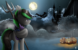 Size: 2500x1600 | Tagged: safe, artist:supermare, oc, oc only, oc:night wing, bat, pegasus, pony, canterlot, canterlot castle, commission, full moon, grass field, jack-o-lantern, night guard, night sky, pumpkin, scenery, solo, stars, tree, trident, weapon