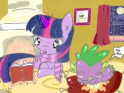 Size: 320x240 | Tagged: safe, artist:ponypocky317, spike, twilight sparkle, dragon, pony, unicorn, book, clothes, female, filly, fireplace, glowing horn, levitation, magic, magic aura, male, moon, night, scarf, sleeping, telekinesis, z