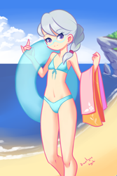 Size: 1280x1920 | Tagged: safe, artist:drantyno, silver spoon, human, beach, belly button, bikini, blue swimsuit, child, clothes, female, humanized, inflatable, looking at you, smiling, solo, string bikini, swimsuit, towel, water