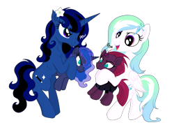 Size: 4823x3445 | Tagged: safe, artist:darkest-lunar-flower, princess luna, tempest shadow, oc, oc:avant-garde flower, oc:darkest lunar flower, alicorn, pegasus, pony, my little pony: the movie, 2018 community collab, broken horn, derpibooru community collaboration, moon flower, pew pew, plushie, simple background, transparent background