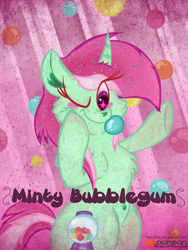 Size: 960x1280 | Tagged: safe, artist:krazykari, minty bubblegum, pony, unicorn, on your marks, background pony, blushing, bubblegum, food, gum, gumball machine, solo, standing, standing up, starry eyes, wingding eyes