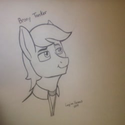 Size: 1920x1916 | Tagged: safe, artist:legionhooves, artist:legionhooves122, oc, oc only, oc:brony tanker, bust, clothes, cute, looking at something, male, monochrome, solo, stallion, traditional art, uniform