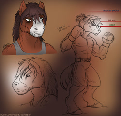 Size: 1146x1100 | Tagged: safe, artist:kaemantis, trouble shoes, anthro, earth pony, horse, unguligrade anthro, abs, boxer, boxing, boxing gloves, clothes, male, muscles, scar, shirt, size comparison, solo, stallion