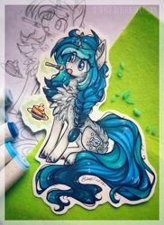 Size: 1161x1592 | Tagged: safe, artist:tenebristayga, oc, oc only, oc:bubble lee, pony, unicorn, cake, cheesecake, chest fluff, eating, female, food, mare, solo, traditional art