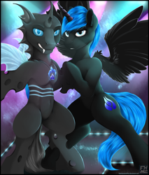 Size: 2500x2928 | Tagged: safe, artist:flareheartmz, oc, oc only, oc:archex, oc:prince comet, alicorn, changeling, blue changeling, changeling oc, club, commission, couple, jewelry, lights, looking at you, necklace, wings