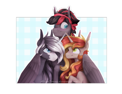 Size: 1993x1541 | Tagged: safe, artist:alicjaspring, oc, oc only, pegasus, pony, unicorn, bandana, commission, curved horn, cute, female, grouo, hug, looking up, male, mare, one eye closed, smiling, stallion, trio, winghug