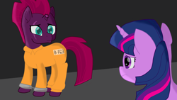 Size: 3840x2160 | Tagged: safe, artist:vogon42, tempest shadow, twilight sparkle, my little pony: the movie, clothes, prison outfit, prisoner