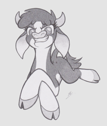 Size: 1630x1925 | Tagged: safe, artist:lockerobster, arizona cow, cow, them's fightin' herds, cloven hooves, community related, crossed hooves, gray background, grayscale, lying down, monochrome, pencil drawing, simple background, smiling, smirk, solo, traditional art