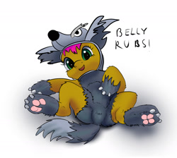 Size: 1553x1389 | Tagged: safe, artist:hexado, babs seed, earth pony, pony, adorababs, animal costume, bellyrubs, big babs wolf, clothes, costume, cute, female, filly, solo, wolf costume