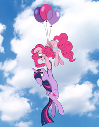Size: 1736x2236 | Tagged: safe, artist:squipycheetah, derpibooru import, pinkie pie, twilight sparkle, twilight sparkle (alicorn), alicorn, earth pony, pony, balloon, cloud, cloudy, cute, dangling, diapinkes, duo, duo female, eye contact, female, floating, floppy ears, folded wings, hanging on, happy, heart, holding hooves, lesbian, looking at each other, looking down, looking up, mare, redraw, shipping, sky, smiling, stock image, then watch her balloons lift her up to the sky, trust, twiabetes, twinkie, windswept mane