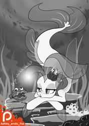 Size: 707x1000 | Tagged: safe, artist:arctic-fox, princess skystar, seapony (g4), my little pony: the movie, bored, dialogue, monochrome, patreon, patreon logo, seaweed, solo, underwater