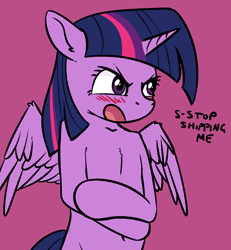 Size: 900x973 | Tagged: safe, artist:replacer808, twilight sparkle, twilight sparkle (alicorn), alicorn, semi-anthro, blushing, crossed arms, dialogue, flat colors, floppy ears, implied shipping, open mouth, red background, simple background, solo