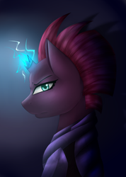 Size: 2695x3782 | Tagged: safe, artist:chasityarcherkiller, tempest shadow, pony, my little pony: the movie, armor, broken horn, bust, dark background, looking at you, magic, solo, sparking horn