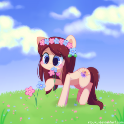 Size: 1024x1024 | Tagged: safe, artist:riouku, oc, oc only, oc:tulip, earth pony, pony, cute, female, floral head wreath, flower, grass, mare, sky, solo