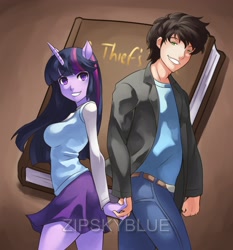 Size: 2700x2900 | Tagged: safe, artist:zipskyblue, twilight sparkle, oc, anthro, human, adorkable, book, canon x oc, clothes, commission, cute, dork, eared humanization, female, holding hands, horned humanization, humanized, looking at you, male, skirt, smiling, straight, watermark