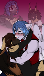 Size: 1512x2576 | Tagged: safe, artist:theecchiqueen, oc, oc only, oc:casey bleu, oc:rasta jam, anthro, bat pony, pegasus, anthro oc, armpits, bat pony oc, bleujam, clothes, crying, eyes closed, female, floppy ears, kissing, male, smiling, story in the source, straight, tears of joy, younger
