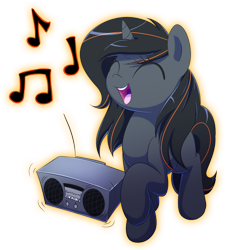 Size: 988x1034 | Tagged: safe, artist:acersiii, oc, oc only, oc:luminous siren, pony, unicorn, boombox, cute, eyes closed, female, mare, music notes, ocbetes, open mouth, simple background, singing, solo, transparent background