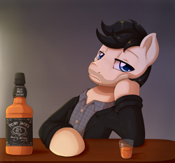 Size: 1024x960 | Tagged: safe, artist:evomanaphy, oc, oc only, oc:lancer, pony, alcohol, clothes, glass, jack daniels, jacket, leather jacket, male, shot glass, stubble