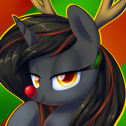 Size: 1280x1280 | Tagged: safe, artist:acersiii, oc, oc only, oc:luminous siren, pony, unicorn, :t, abstract background, antlers, christmas, colored pupils, female, holiday, lidded eyes, mare, red nosed reindeer, reindeer antlers, solo