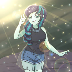 Size: 3507x3507 | Tagged: safe, artist:sumin6301, coloratura, equestria girls, breasts, clothes, cute, denim, equestria girls-ified, female, looking at you, see-through, shirt, shorts, skirt, smiling, solo, thighs, veil