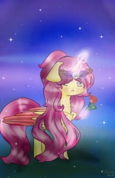 Size: 600x926 | Tagged: safe, artist:shinning-staryt, oc, oc only, oc:rosebud, alicorn, pony, alicorn oc, colored wings, female, floral head wreath, flower, long mane, magic, mare, night, one eye closed, rose, solo