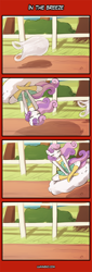 Size: 400x1180 | Tagged: safe, artist:lumineko, sweetie belle, anthro, unicorn, 4koma, apple bloomers, bag, clothes, comic, crossed legs, dress, eyes closed, female, mare, sitting, smiling, wat, wind, windy