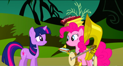 Size: 1360x730 | Tagged: safe, derpibooru import, screencap, pinkie pie, twilight sparkle, earth pony, pony, swarm of the century, accordion, banjo, cymbals, duo, female, harmonica, mare, musical instrument, one-pony band, smiling, sousaphone, tambourine