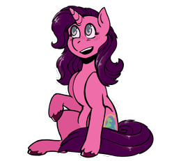 Size: 2830x2615 | Tagged: safe, artist:overlordneon, oc, oc only, oc:caravel, pony, unicorn, female, freckles, gift art, mare, raised hoof, simple background, sitting, smiling, solo