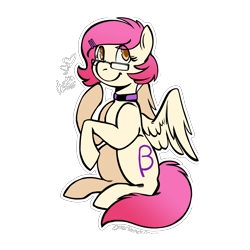 Size: 2700x2700 | Tagged: safe, artist:overlordneon, oc, oc only, oc:beta, pegasus, pony, choker, female, gift art, mare, simple background, sitting, smiling, solo