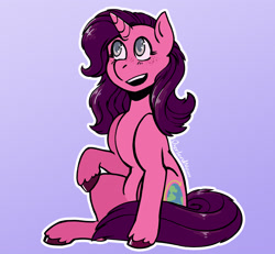 Size: 2830x2615 | Tagged: safe, artist:overlordneon, oc, oc only, oc:caravel, pony, unicorn, female, freckles, gift art, mare, raised hoof, sitting, smiling, solo