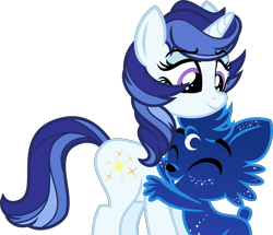 Size: 4000x3445 | Tagged: safe, artist:orin331, majesty, oc, oc:dipper, pony, unicorn, ursa minor, g1, g4, cute, dancerverse, duo, eyes closed, female, g1 to g4, generation leap, hug, male, mare, simple background, smiling, transparent background, ursa minimus