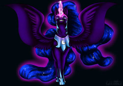 Size: 800x560 | Tagged: safe, artist:redheaven02, nightmare moon, alicorn, pony, glowing horn, grin, looking at you, magic, simple background, smiling, solo, spread wings