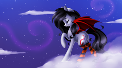 Size: 4500x2527 | Tagged: safe, artist:scarlet-spectrum, oc, oc only, oc:scarlet spectrum, bat, bat pony, pony, absurd resolution, clothes, cloud, cloudy, eyes closed, female, mare, night, night sky, on a cloud, raised hoof, raised leg, smiling, socks, solo, spread wings, stars, striped socks