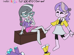 Size: 1024x768 | Tagged: safe, artist:icey-wicey-1517, artist:sanjixxzoro, diamond tiara, silver spoon, collaboration, equestria girls, adorabullies, boots, bracelet, braid, clothes, colored, compression shorts, cute, duo, eyes closed, feet, glasses, jewelry, necklace, pink background, shoes, simple background, sketch, skirt, tickling