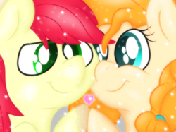 Size: 2732x2048 | Tagged: safe, artist:prismaticstars, bright mac, pear butter, pony, the perfect pear, brightbutter, bust, eye contact, female, heart, high res, looking at each other, male, portrait, previous generation, shipping, smiling, straight