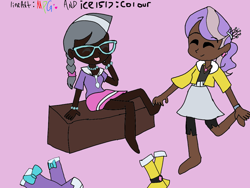 Size: 1024x768 | Tagged: safe, alternate version, artist:icey-wicey-1517, artist:sanjixxzoro, diamond tiara, silver spoon, human, collaboration, equestria girls, adorabullies, boots, bracelet, clothes, colored, compression shorts, cute, dark skin, duo, eyes closed, feet, glasses, humanized, jewelry, necklace, pink background, shoes, simple background, sketch, skirt, tickling