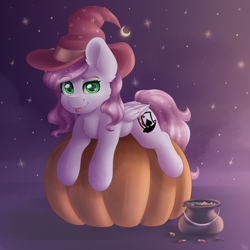 Size: 2000x2000 | Tagged: safe, artist:spirit-dude, oc, oc only, pegasus, pony, commission, cute, female, halloween, hat, holiday, looking at you, mare, ocbetes, pumpkin, smiling, witch hat, ych result