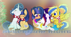 Size: 1370x724 | Tagged: safe, artist:spectrumnightyt, oc, oc only, oc:galaxy swirls, oc:melody sweetheart, oc:purple palette, oc:spectrum night, oc:spring splat, oc:velvet sentry, pegasus, pony, unicorn, christmas, christmas tree, clothes, female, holiday, male, mare, offspring, parent:flash sentry, parent:rarity, parent:soarin', parent:twilight sparkle, parents:flashlight, parents:soarity, scarf, stallion, tree