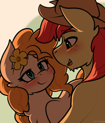 Size: 1280x1493 | Tagged: safe, artist:whitepone, bright mac, pear butter, earth pony, pony, the perfect pear, applejack's parents, blushing, brightbutter, couple, female, flower, flower in hair, freckles, male, shipping, straight