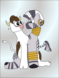 Size: 2449x3265 | Tagged: safe, artist:rakesuk, daisy jo, zecora, cow, zebra, conjoined, cowbra, fusion, looking at each other, multiple heads, two heads, we have become one, xebra, zebrow