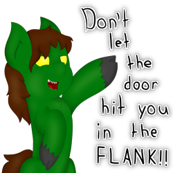 Size: 3000x3000 | Tagged: safe, artist:playful cinnamon, oc, oc only, oc:asmodeus, original species, brown mane, cloven hooves, golden eyes, green, no pupils, sharp teeth, simple background, smiling, solo, teeth, transparent background, waving