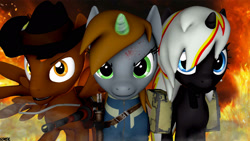 Size: 1920x1080 | Tagged: safe, artist:blackfalcon8, oc, oc only, oc:calamity, oc:littlepip, oc:velvet remedy, earth pony, pegasus, pony, unicorn, fallout equestria, 3d, battle saddle, clothes, dashite, fanfic, fanfic art, female, fire, fluttershy medical saddlebag, group, gun, handgun, hat, horn, little macintosh, magic, male, mare, medical saddlebag, open mouth, optical sight, revolver, rifle, saddle bag, source filmmaker, spread wings, stallion, teeth, trio, vault suit, weapon, wings