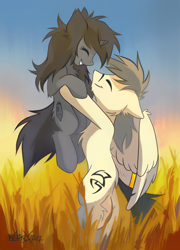 Size: 1280x1779 | Tagged: safe, artist:kejifox, artist:sergkz, oc, oc only, oc:kate, oc:kej, pegasus, pony, unicorn, bipedal, couple, cute, duo, explicit source, eyes closed, female, field, happy, holding a pony, k+k, male, mare, ocbetes, smiling, stallion, straight