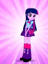 Size: 1536x2048 | Tagged: safe, twilight sparkle, equestria girls, backpack, boots, bowtie, clothes, commercial, female, leg warmers, looking at you, magic of friendship (equestria girls), music video, purple background, shoes, simple background, skirt, solo