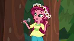 Size: 1280x720 | Tagged: safe, screencap, gloriosa daisy, equestria girls, legend of everfree, magical geodes, microphone, solo, tree