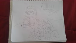 Size: 5312x2988 | Tagged: safe, apple bloom, oc, oc:nightshade, changeling, fallout equestria, changeling oc, clothes, hoodie, monochrome, pipbuck, traditional art