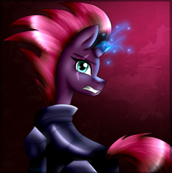 Size: 1585x1591 | Tagged: safe, artist:lada03, tempest shadow, pony, unicorn, my little pony: the movie, armor, broken horn, eye scar, female, horn, looking at you, looking back, mare, scar, solo, sparking horn